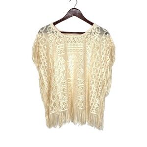 Self Esteem Y2K Crocheted Lace Boho Overlay Blouse With Fringe Warm Ivory Cream